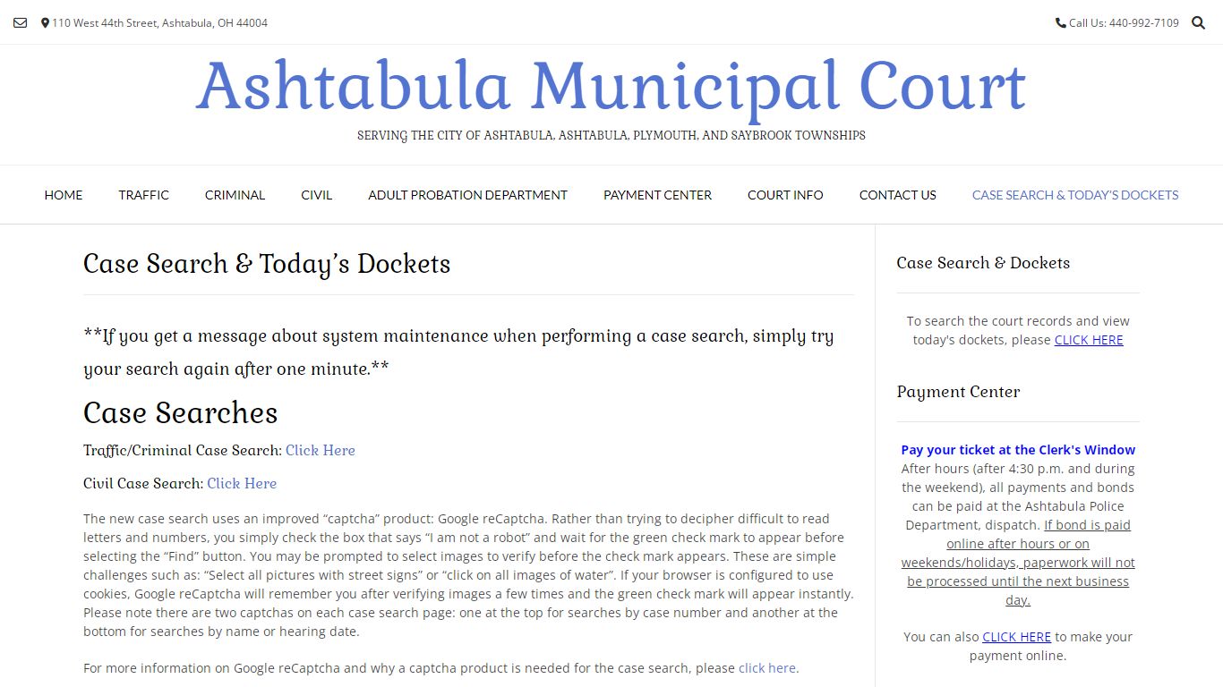 Case Search & Today’s Dockets – Ashtabula Municipal Court